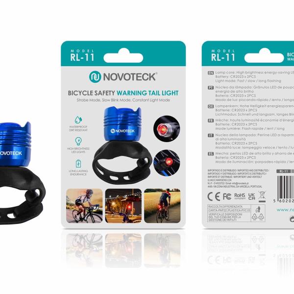 Luz de Segurança Traseira para Bicicleta Azul RL-11 – LED Alto Brilho, Modos Intermitente e Contínuo, Resistente à Água