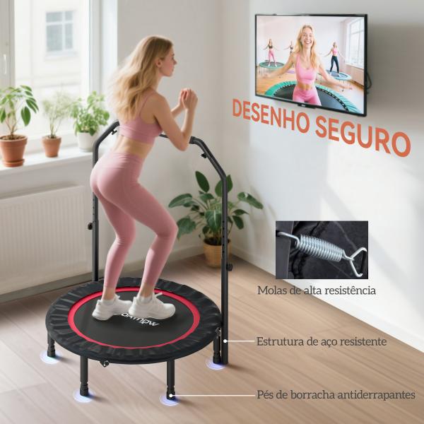 Trampolim de Fitness Ø102 cm Dobrável com Guiador Ajustável de 4 Níveis e Bandas para Treino de Pernas e Corpo Vermelho