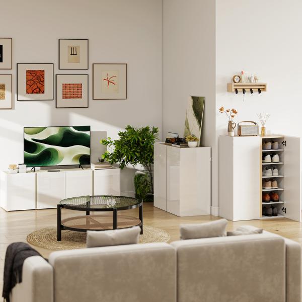 Sapateira de 6 Níveis com 2 Portas em Branco Brilhante com Fechamento Suave e Prateleiras Ajustáveis 70x33,5x95 cm Branco