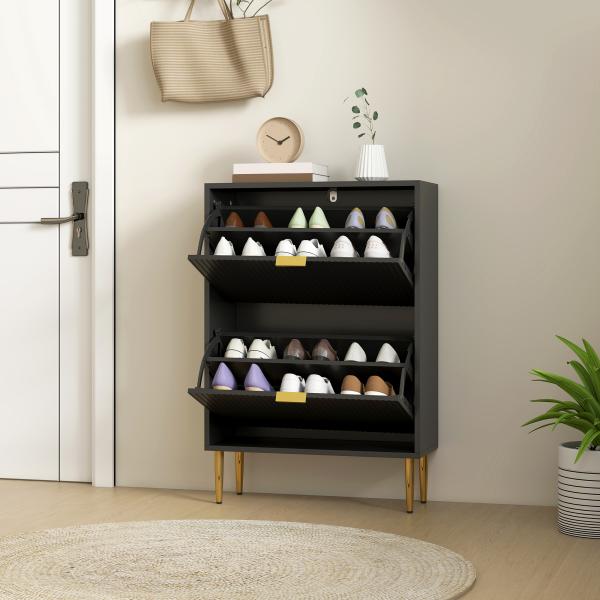 Sapateira Estreita com 2 Portas Caneladas e Prateleiras Ajustáveis para 12 Pares de Sapatos, 60x24x91,5 cm, Preto