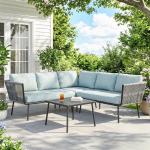 Conjunto de Móveis de Jardim em Ratã Sofá de Canto com Almofadas e Mesa de Centro para Terraço Exterior Azul Claro