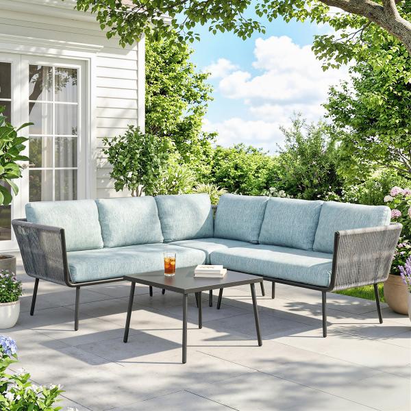 Conjunto de Móveis de Jardim em Ratã Sofá de Canto com Almofadas e Mesa de Centro para Terraço Exterior Azul Claro