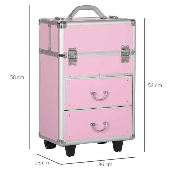Mala de Maquilhagem Professional com Rodas 6 Gavetas Extensíveis Fechadura 2 Chaves e Alça Retrátil 36x23x58 cm Rosa