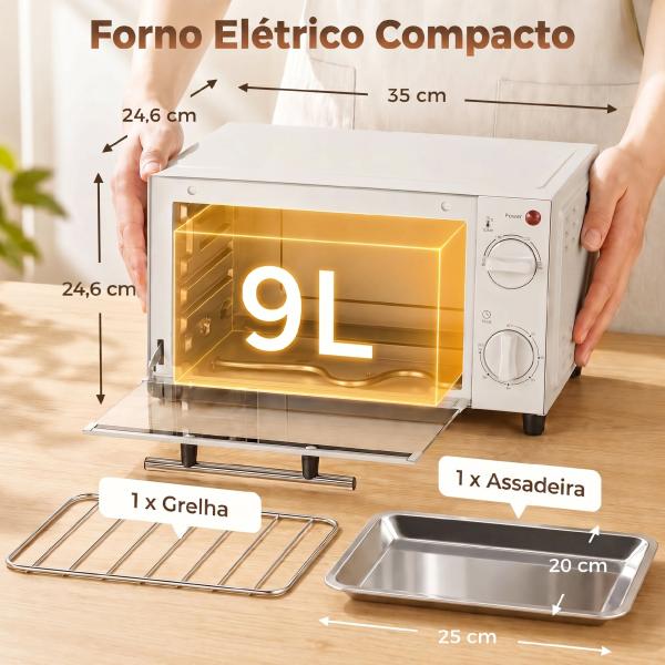 Mini Forno Elétrico 9L com Temperatura Ajustável até 230°C Temporizador 60 min e Bandeja para Assar 35x24,6x20 cm Creme