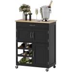 Carrinho de Cozinha com Rodas 2 Armários de Arrumação Gaveta e 3 Prateleiras Abertas para 9 Garrafas 67x37x87 cm Preto