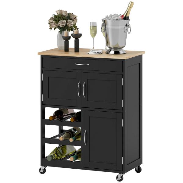 Carrinho de Cozinha com Rodas 2 Armários de Arrumação Gaveta e 3 Prateleiras Abertas para 9 Garrafas 67x37x87 cm Preto