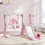 Escorrega Infantil 4 em 1 Parque Infantil com Baloiço e Escorrega Escalador Cesto de Basquetebol 147,5x160x107 cm Rosa