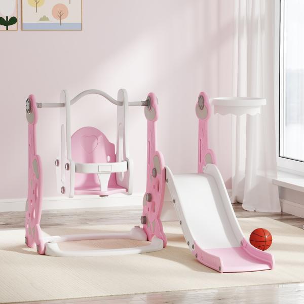 Escorrega Infantil 4 em 1 Parque Infantil com Baloiço e Escorrega Escalador Cesto de Basquetebol 147,5x160x107 cm Rosa