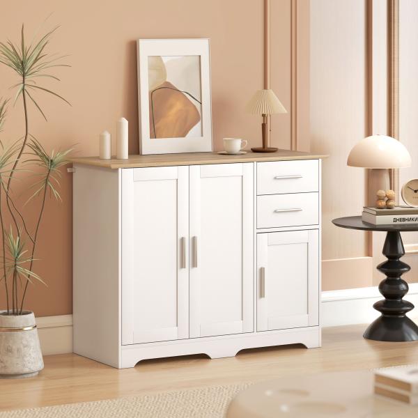 Aparador para Sala com 2 Gavetas, Armário de Cozinha com Prateleira Ajustável, 100 x 40 x 78 cm, Branco e Natural