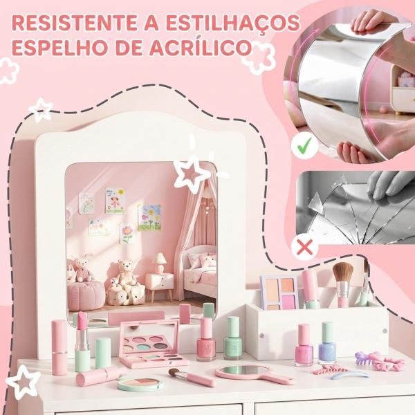 Toucador Infantil de Madeira com Banco Espelho e 2 Gavetas Brinquedo Educativo para Crianças de 3 - 6 Anos 60x40x95cm Branco
