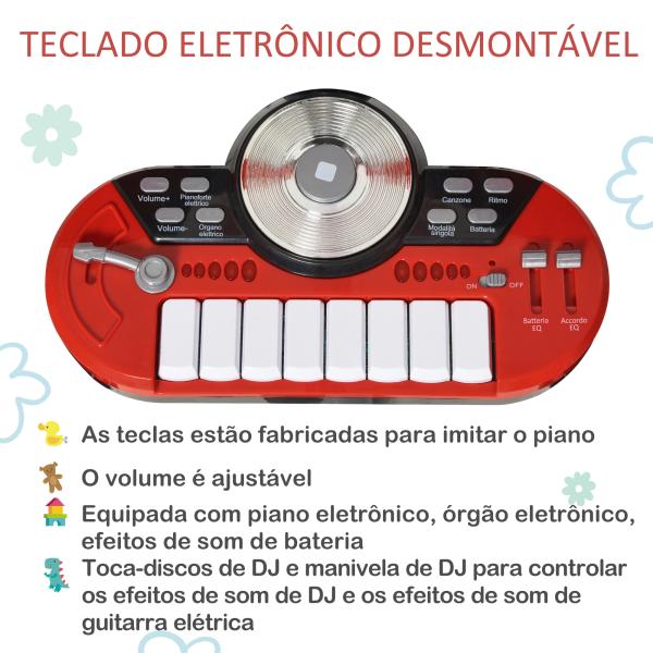 Kit de Bateria Infantil para Crianças Acima de 3 Anos com Tamborete Microfone Pratos Teclado e Vários Efeitos de DJ 77,5x40x76,5 cm Vermelho