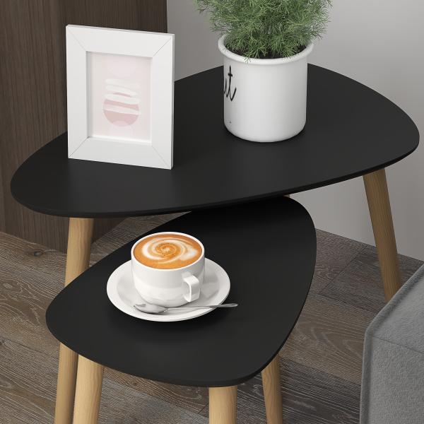 Conjunto de 2 Mesas Auxiliares com Pés de Madeira Mesas de Café 59,5x39,5x45 cm e 44,5x28,5x40 cm Preto