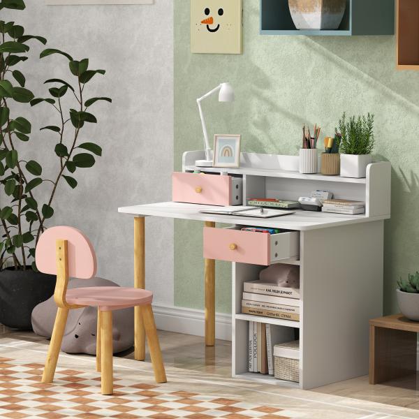 Conjunto de Secretária e Cadeira para Crianças Mesa de Estudo com Prateleiras e Gaveta Carga 80 kg 85x48x73 cm Rosa