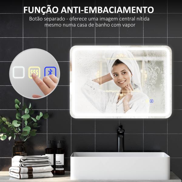 Espelho de Casa de Banho com Luz LED 70x50 cm Bluetooth 3 Cores de Luz Relógio Digital Função Antiembaciamento Memória Prata