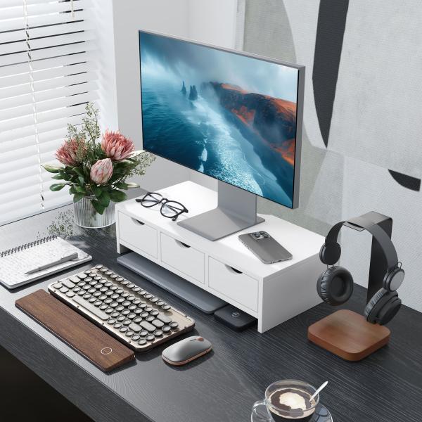 Suporte Elevatório para Monitor de Secretária com 3 Gavetas para PC e Portátil 51x24x13 cm Branco
