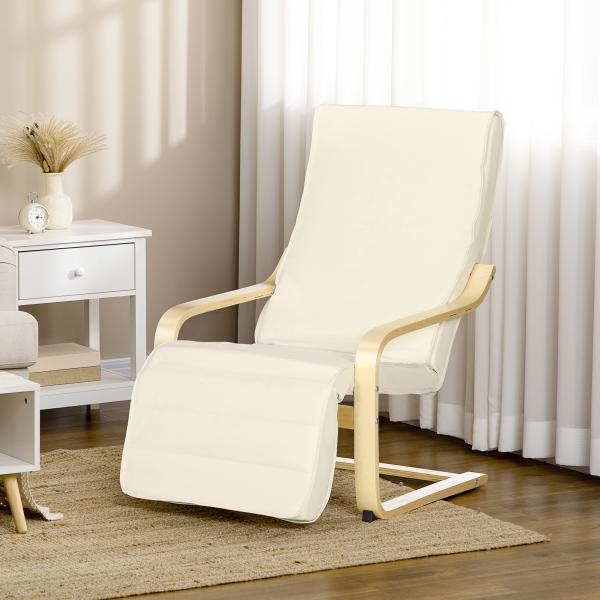 Poltrona Relax com Apoio para os Pés Ajustável Estofada em Tecido com Estrutura de Madeira 66,5x94x100 cm Creme