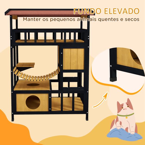 Casa para Gatos de Madeira 84x60x116 cm Abrigo para Gatos de 4 Níveis para Exterior com Ponte Suspensa Varanda Natural