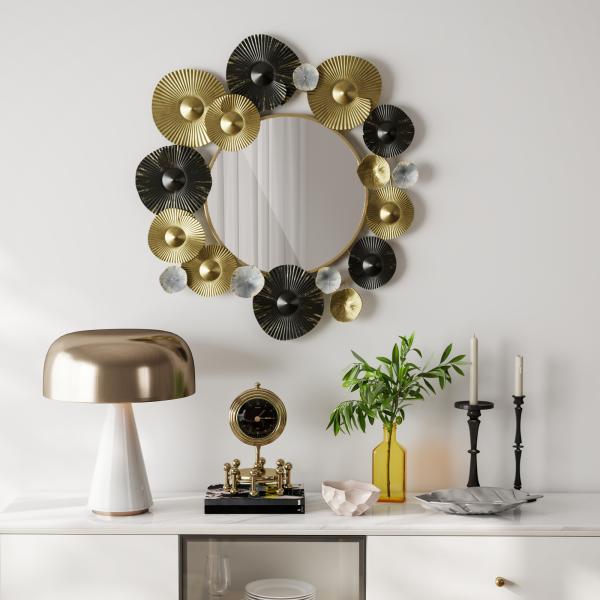 Espelho Decorativo de Parede Metálico para Sala Quarto Corredor 84x84 cm Dourado e Preto