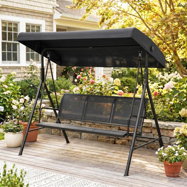 Baloiço de Jardim Exterior de 3 Lugares com Toldo Reclinável Assento Respirável e Estrutura de Aço 175x118x159 cm Preto