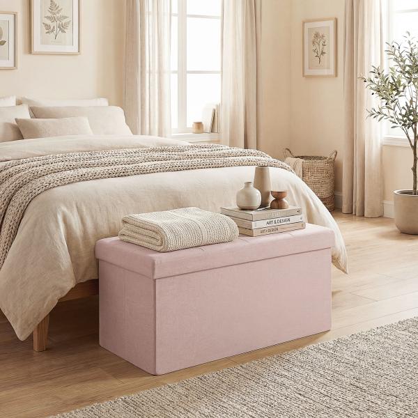 Puff de Arrumação Banco Dobrável 84 L 76x38x38 cm Estofado em Linho Sintético, Baú de Arrumação Rosa