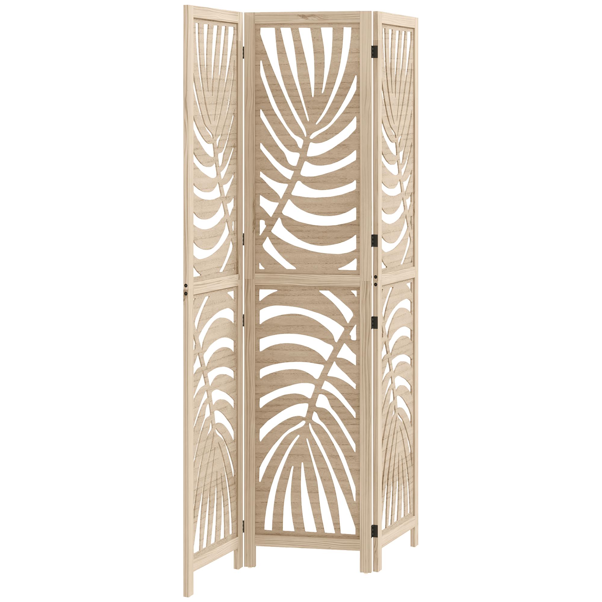 Biombo de 3 Painéis Separador de Ambientes Dobrável 120x170 cm com Estampado de Folhas de Palmeira Tropical Madeira