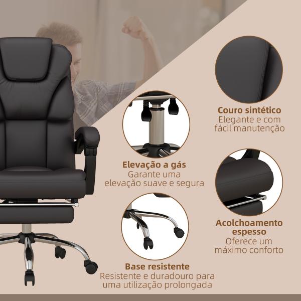 Cadeira de Escritório com 6 Pontos de Massagem Reclinável de PU com Controlo Remoto e Altura Ajustável 63x57x118 - 126 cm