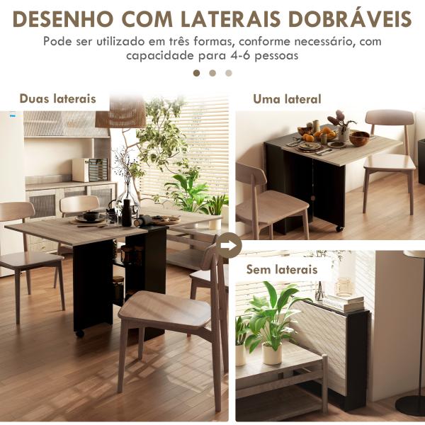 Mesa de Cozinha Dobrável Mesa de Madeira com 2 Prateleiras de Armazenamento e Rodas 75x140x74 cm Preto e Madeira