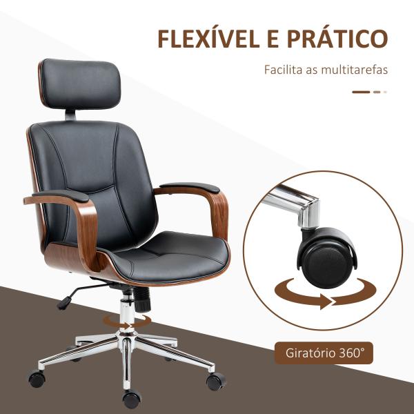 Cadeira de Escritório Operativa de Couro PU com Apoio para a Cabeça Amovível Altura Ajustável 63x62x110 - 120cm Preto e Madeira