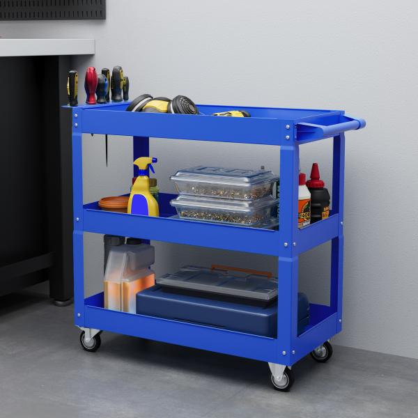 Carrinho de Ferramentas com Rodas 3 Prateleiras de Armazenamento e Alça Lateral 83x35,3x76 cm Azul