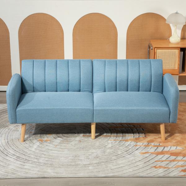 Sofá Cama de 2 Lugares com Encosto Ajustável em 3 Posições Apoio para os Braços e Pés de Madeira 173x75x73 cm Azul Claro