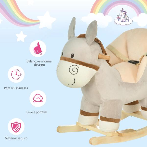 Baloiço Infantil em Forma de Burro para Bebés 18 - 36 Meses com Som Cinto de Segurança Apoio para os Pés 61x34x58 cm Cinza