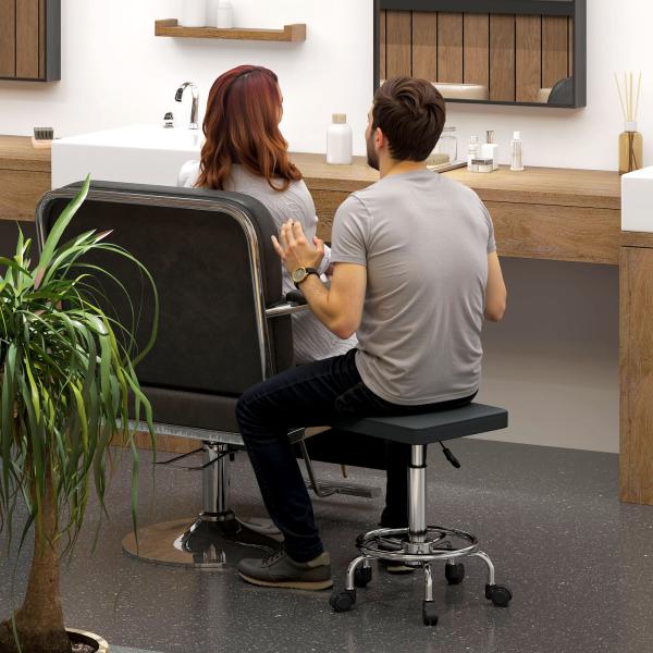 Banco Giratório com Rodas Altura Regulável 50 - 66 cm Assento Estofado em Imitação de Couro 34x34x50 - 66 cm Preto