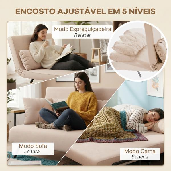 Sofá Cama Convertível 2 Lugares Dobrável com Encosto Ajustável em 5 Níveis e 2 Almofadas 102x73x81 cm Bege Claro