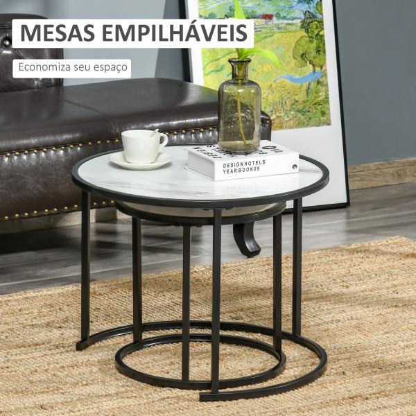 Conjunto de 2 Mesas Auxiliares Redondas Empilháveis Mesa de Centro Modernas com Bancada em Efeito de Mármore e Estrutura de Aço Ø60x46cm e Ø40x40cm Branco
