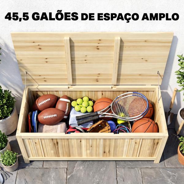 Baú de Armazenamento Exterior em Madeira 172 L com Tampa Articulada Resistente às Intempéries para Jardim Madeira