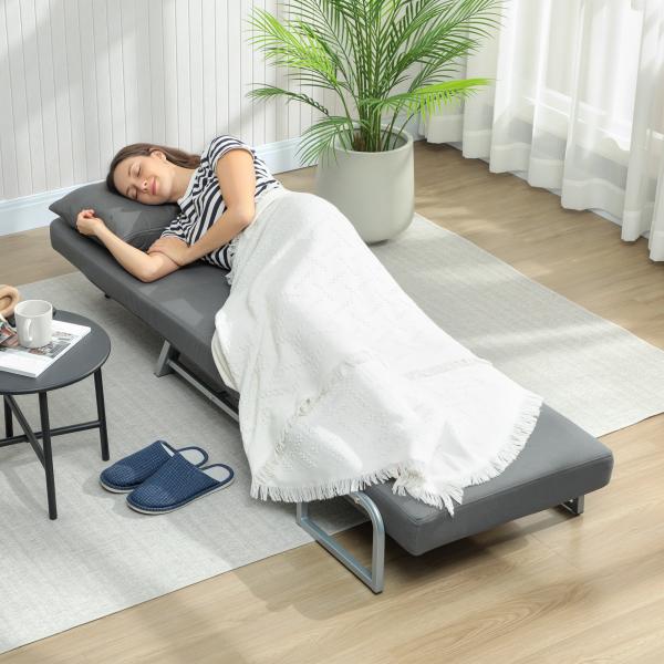 Sofá Cama Dobrável Estofado em Linho Sintético com Encosto Ajustável em 5 Níveis e Almofada Acolchoada 73x78x81 cm Cinzento Escuro