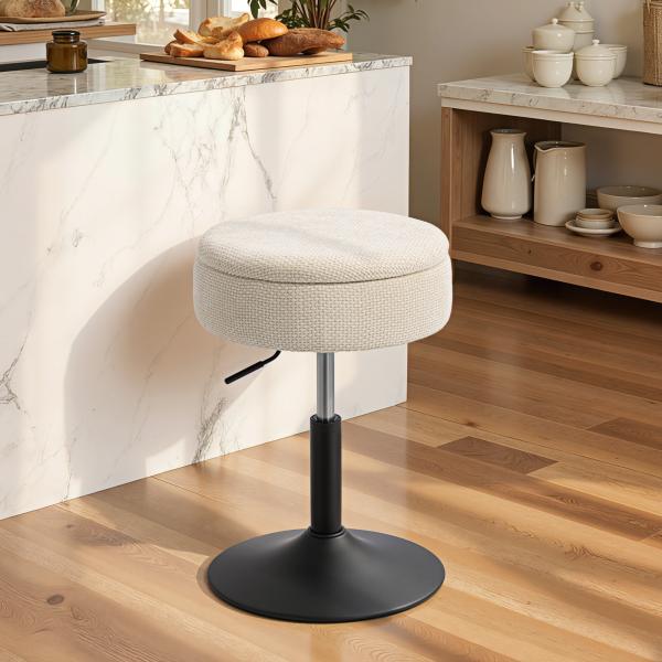 Banco de Bar com Armazenamento Altura Ajustável Giratório Estofado em Chenilla 39x39x49 - 65 cm Bege