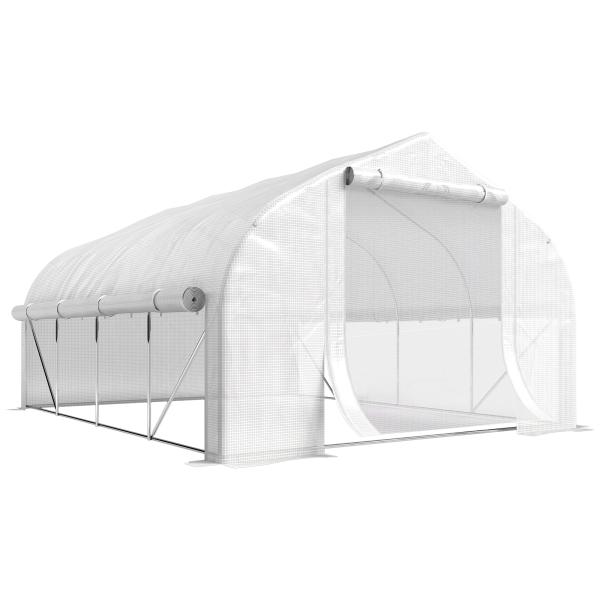Estufa Tipo Túnel 395x300x200 cm com Porta de Malha e 8 Janelas Estufa de Jardim com Cobertura de PE Branco