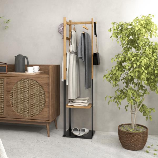 Cabide de Pé de Bambu com 2 Prateleiras 2 Ganchos 5 Barras e Estrutura de Aço 46x28,5x153,5 cm Madeira e Preto