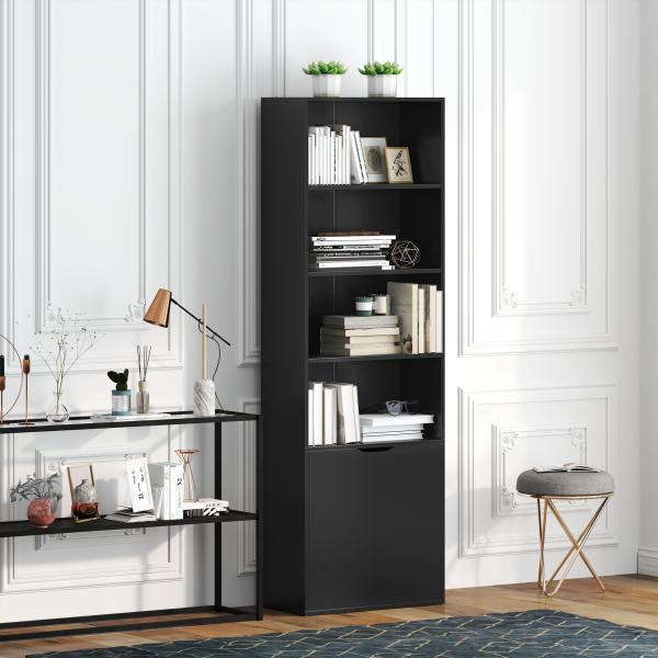 Estante para Livros de 6 Níveis Portas e 4 Prateleiras Abertas para Sala Escritório 59x29x180 cm Preto