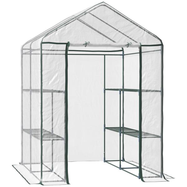 Estufa Transparente de Jardim Estufa de Plantas de 3 Níveis com Prateleiras Estrutura de Aço 143x143x195cm Transparente e Verde