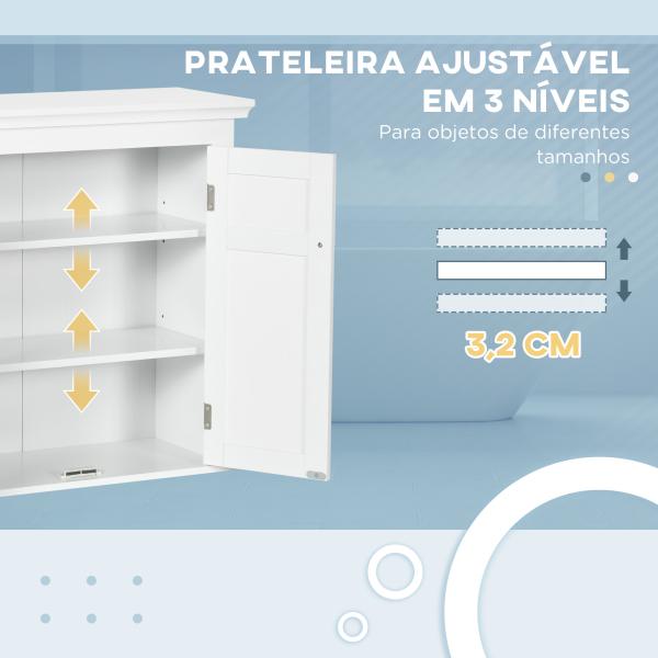Armário Casa de Banho de Parede com Prateleiras Ajustáveis e Portas com Fechadura Magnéticas 58x24x60 cm Branco