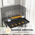 Gaiola para Pássaros com Rodas 77x46x119 cm Bandeja Amovível 2 Poleiros 2 Comedouros e Prateleira de Armazenamento Preto