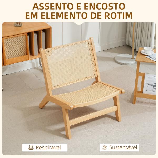 Cadeira para Sala de Estar Nórdica com Encosto e Assento Amplo em Vime Estrutura de Madeira 64x70x74 cm Madeira e Bege