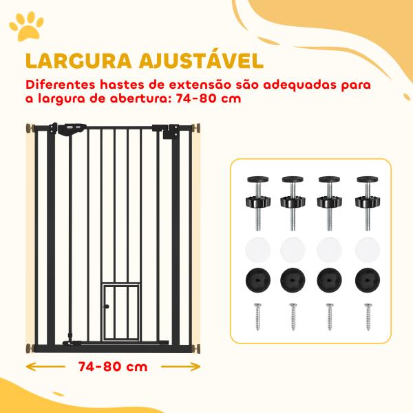 Barreira de Segurança Ajustável com Porta Pequena, Fecho Automático e Sistema de Bloqueio Duplo 74 - 80 x 104,1 cm Preta