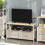 Móvel de TV com Prateleira e 2 Gavetas Dobráveis em Tecido para TV até 47", 98 cm, Natural e Cinzento