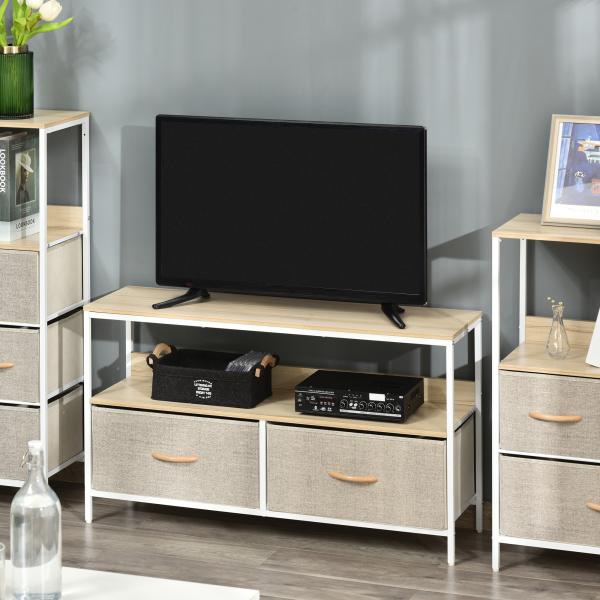 Móvel de TV com Prateleira e 2 Gavetas Dobráveis em Tecido para TV até 47", 98 cm, Natural e Cinzento