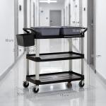 Carrinho de Limpeza com Rodas com 3 Prateleiras 2 Contentores e Balde Lateral Suspenso Carga 100 kg Preto.