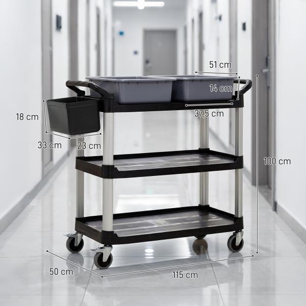 Carrinho de Limpeza com Rodas com 3 Prateleiras 2 Contentores e Balde Lateral Suspenso Carga 100 kg Preto.