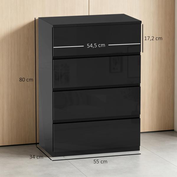 Cómoda com 4 Gavetas de Madeira Cómoda de Dormitório Cómoda Branca para Sala de Estar Estilo Moderno 55x34x80 cm Preto
